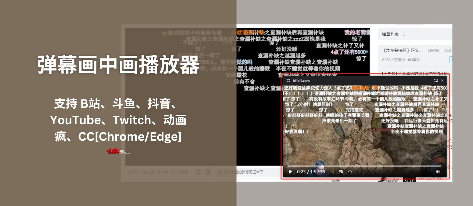 弹幕画中画播放器 - 支持发弹幕：B站、斗鱼、抖音等视频与直播，还能外挂字幕[Chrome/Edge]